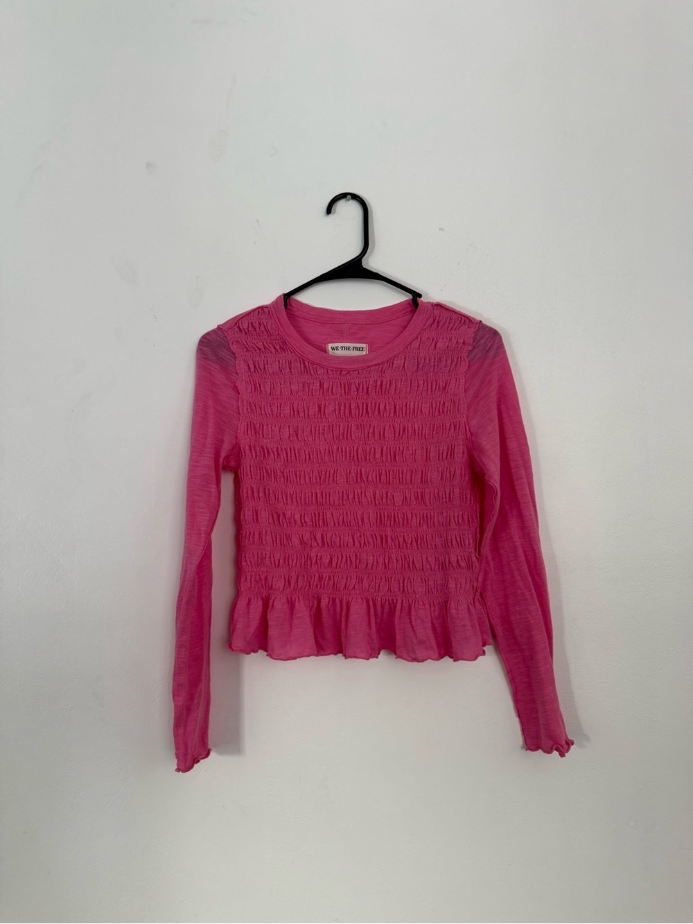 We The Free Bright Pink Smocked Ruffle Long Sleeve Tee